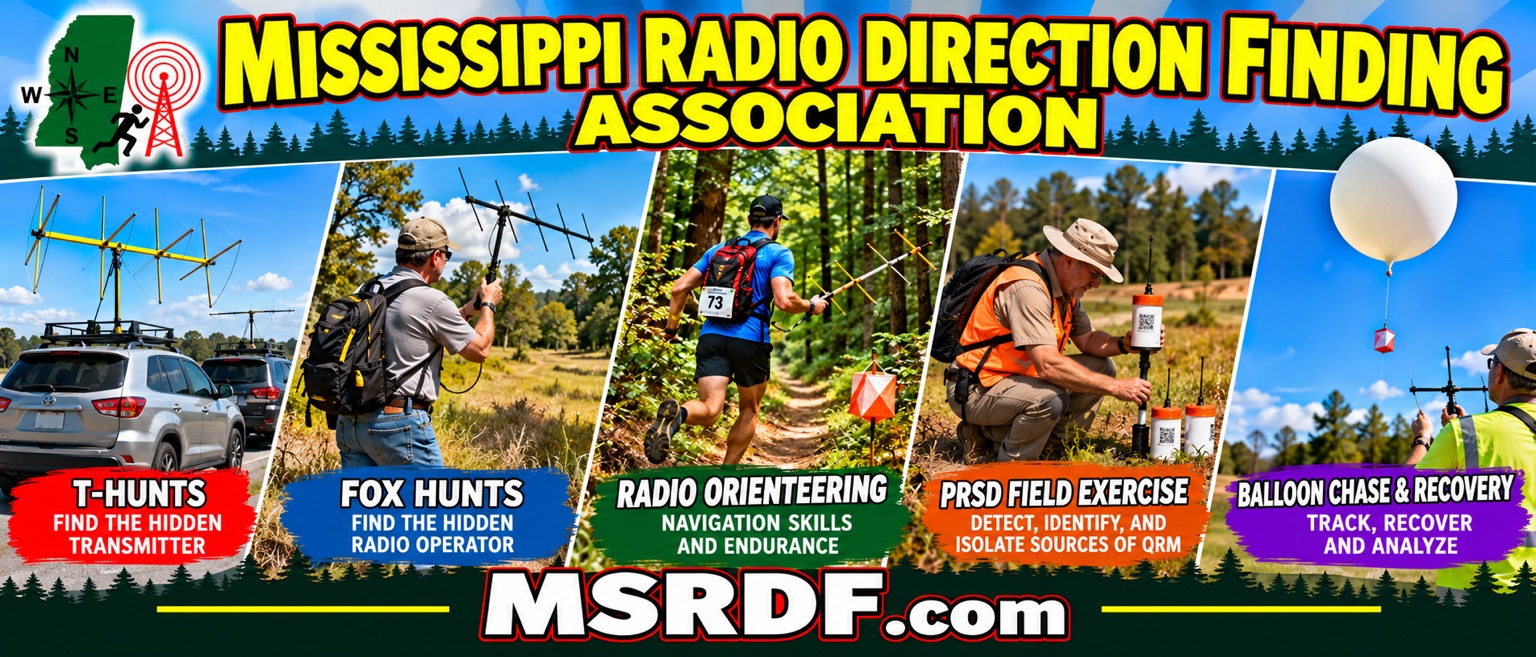 Mississippi Radio Direction Finding Association banner showing T-Hunts, Fox Hunts, Radio Orienteering, PRSD Field Exercise, and Balloon Chase and Recovery